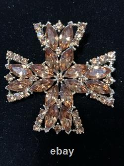 Signed Vintage 70s WEISS RARE 2-1/2 Maltese Cross Orange Austrian Crystals