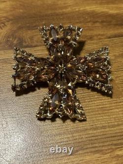 Signed Vintage 70s WEISS RARE 2-1/2 Maltese Cross Orange Austrian Crystals
