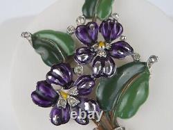 Signed Vintage Trifari Purple Painted Enamel Flower and Rhinestone Fur Clip