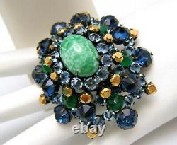 Stunning VTG Schreiner New York Blue Green Gilt Glass Rhinestones Brooch Earring