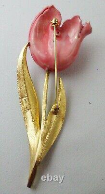 Stunning Vintage Crown Trifari 3.5 Pink Enamel Rhinestone 3-d Flower Pin Brooch