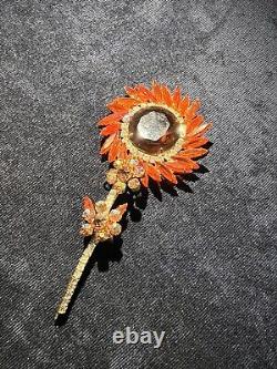 Stunning Vintage Juliana D&E Gold tone Orange AB Rhinestone Stem Flower Brooch