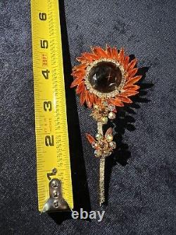 Stunning Vintage Juliana D&E Gold tone Orange AB Rhinestone Stem Flower Brooch