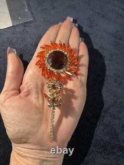 Stunning Vintage Juliana D&E Gold tone Orange AB Rhinestone Stem Flower Brooch