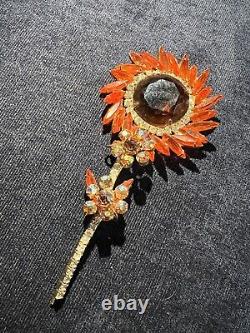 Stunning Vintage Juliana D&E Gold tone Orange AB Rhinestone Stem Flower Brooch