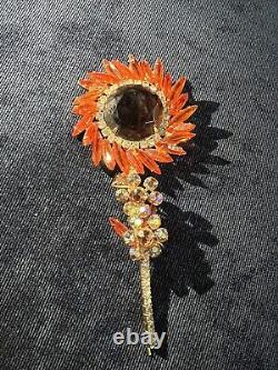 Stunning Vintage Juliana D&E Gold tone Orange AB Rhinestone Stem Flower Brooch