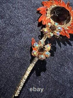 Stunning Vintage Juliana D&E Gold tone Orange AB Rhinestone Stem Flower Brooch