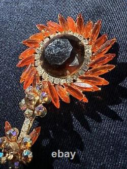 Stunning Vintage Juliana D&E Gold tone Orange AB Rhinestone Stem Flower Brooch