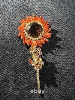 Stunning Vintage Juliana D&E Gold tone Orange AB Rhinestone Stem Flower Brooch