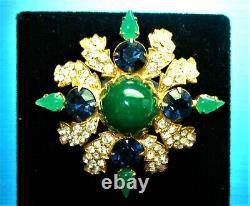 Stunning Vintage MIMI DI N Green & Navy Cabochon Crystals Goldplate Brooch Ni5