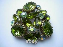 Stunning. Vintage Schreiner Green Crystal AB Rhinestone Triangle Brooch Pin