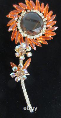 Stunning Vtg Juliana Gold tone Orange AB Rhinestone Stem Flower Brooch