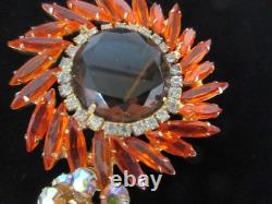 Stunning Vtg Juliana Gold tone Orange AB Rhinestone Stem Flower Brooch