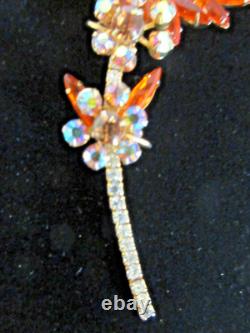 Stunning Vtg Juliana Gold tone Orange AB Rhinestone Stem Flower Brooch