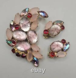 Stunning Vtg Pink & Ruby Red Molded/ Poured Glass & Rhinestone Brooch & Clip Ons
