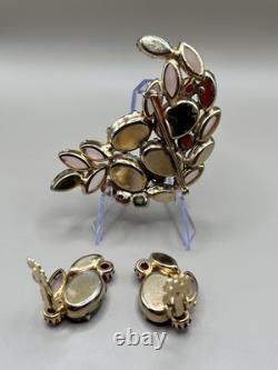 Stunning Vtg Pink & Ruby Red Molded/ Poured Glass & Rhinestone Brooch & Clip Ons