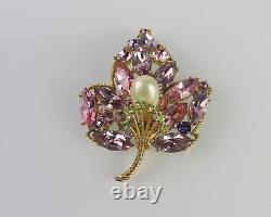 Super Rare Vintage Crown Trifari Purple & Green Rhinestone Pearl Leaf Brooch