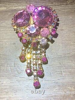 Super Rare Vintage Juliana D&E Pink Rivoli Rose Color Dangle Fringe Brooch Pin