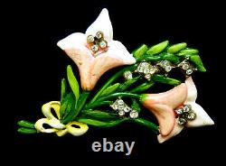 Superb Large Vintage 1930s Rhinestone Enamel Flower Bouquet Brooch Pot Metal