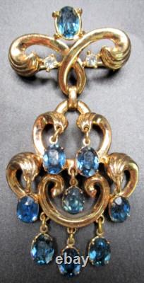 TRIFARI Blue Dangling Rhinestone Waterfall Vintage Pin Brooch