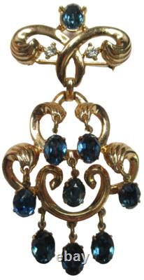 TRIFARI Blue Dangling Rhinestone Waterfall Vintage Pin Brooch