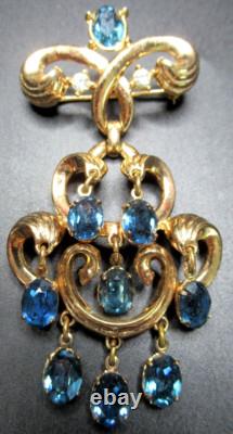 TRIFARI Blue Dangling Rhinestone Waterfall Vintage Pin Brooch