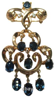 TRIFARI Blue Dangling Rhinestone Waterfall Vintage Pin Brooch