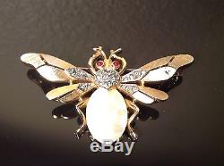 TRIFARI Jelly Belly MOP RHINESTONE FireFly Bug Beetle BROOCH PIN Vintage SIGNED