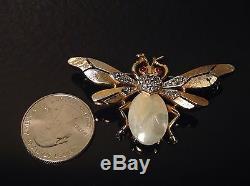 TRIFARI Jelly Belly MOP RHINESTONE FireFly Bug Beetle BROOCH PIN Vintage SIGNED