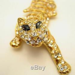 TRIFARI Vintage Large Tiger Brooch Pin Pave Rhinestones Gray Marquise Gold Plate