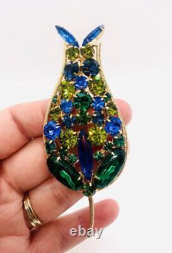 Tall Green & Blue Rhinestone Flower Brooch 4 1/8 in. Juliana Vintage Jewelry
