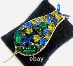 Tall Green & Blue Rhinestone Flower Brooch 4 1/8 in. Juliana Vintage Jewelry