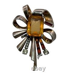 Topaz Amber Glass Sterling Fur Clip Mazer Vintage Silver Bow Brooch Rhinestones