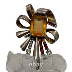 Topaz Amber Glass Sterling Fur Clip Mazer Vintage Silver Bow Brooch Rhinestones