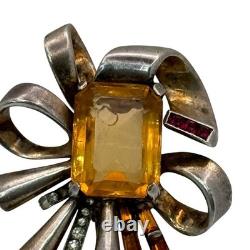 Topaz Amber Glass Sterling Fur Clip Mazer Vintage Silver Bow Brooch Rhinestones