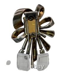 Topaz Amber Glass Sterling Fur Clip Mazer Vintage Silver Bow Brooch Rhinestones