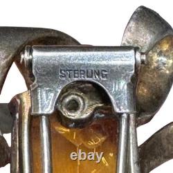 Topaz Amber Glass Sterling Fur Clip Mazer Vintage Silver Bow Brooch Rhinestones