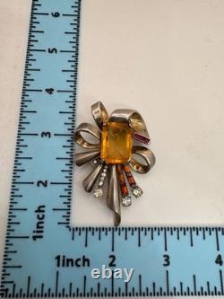 Topaz Amber Glass Sterling Fur Clip Mazer Vintage Silver Bow Brooch Rhinestones