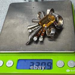 Topaz Amber Glass Sterling Fur Clip Mazer Vintage Silver Bow Brooch Rhinestones