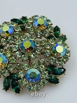 Trifari Vintage Gold Plated Green Rhinestones Flower Brooch Pin