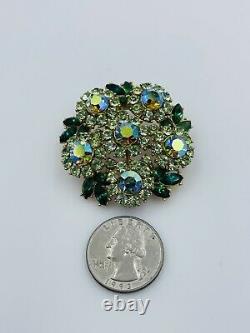 Trifari Vintage Gold Plated Green Rhinestones Flower Brooch Pin