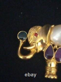 Trifari Vintage Gold Tone Pearl Enamel Rhinestone Mogul Elephant Brooch