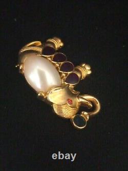 Trifari Vintage Gold Tone Pearl Enamel Rhinestone Mogul Elephant Brooch