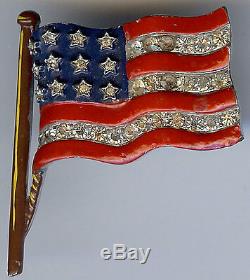 Trifari Vintage Red Blue Enamel Rhinestone American Flag Pin Brooch