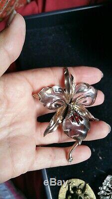 Trifari sterling orchid pin brooch jelly belly vintage Alfred Philippe