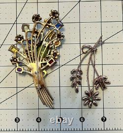 Two Vintage Large Coro Floral Brooches 1-Sterling 1-4 1/2 inch Spray Rhinestone