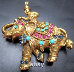 VENDOME King Elephant Pink & Blue Rhinestone Bead Vintage Pin Brooch