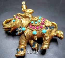 VENDOME King Elephant Pink & Blue Rhinestone Bead Vintage Pin Brooch
