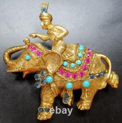 VENDOME King Elephant Pink & Blue Rhinestone Bead Vintage Pin Brooch