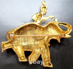 VENDOME King Elephant Pink & Blue Rhinestone Bead Vintage Pin Brooch